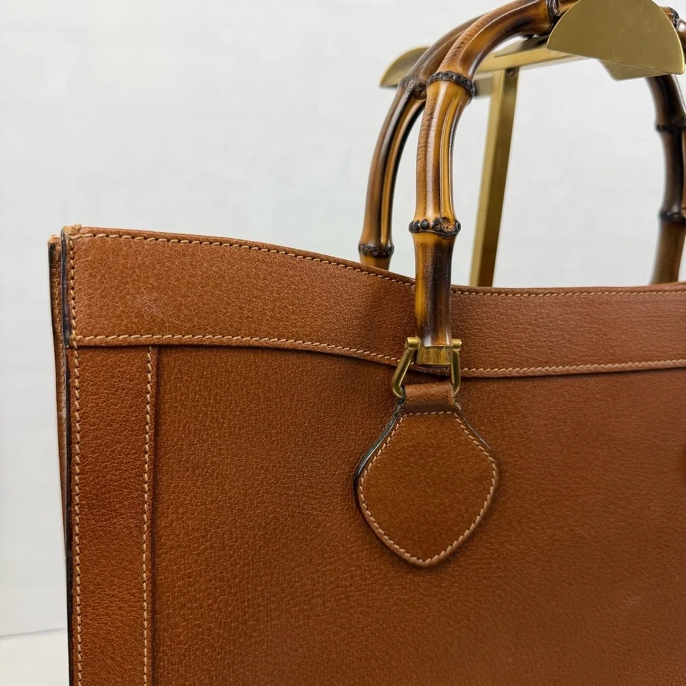 Gucci Vintage Large Bamboo Handle Leather Tote‎ Bag Brown Diana Bag